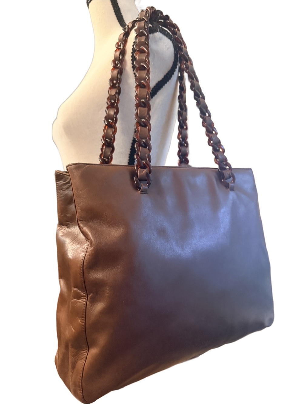 Prada Tessuto Nappa Leather Brown Tortoiseshell Chain Tote Bag w COA - Picture 3 of 16